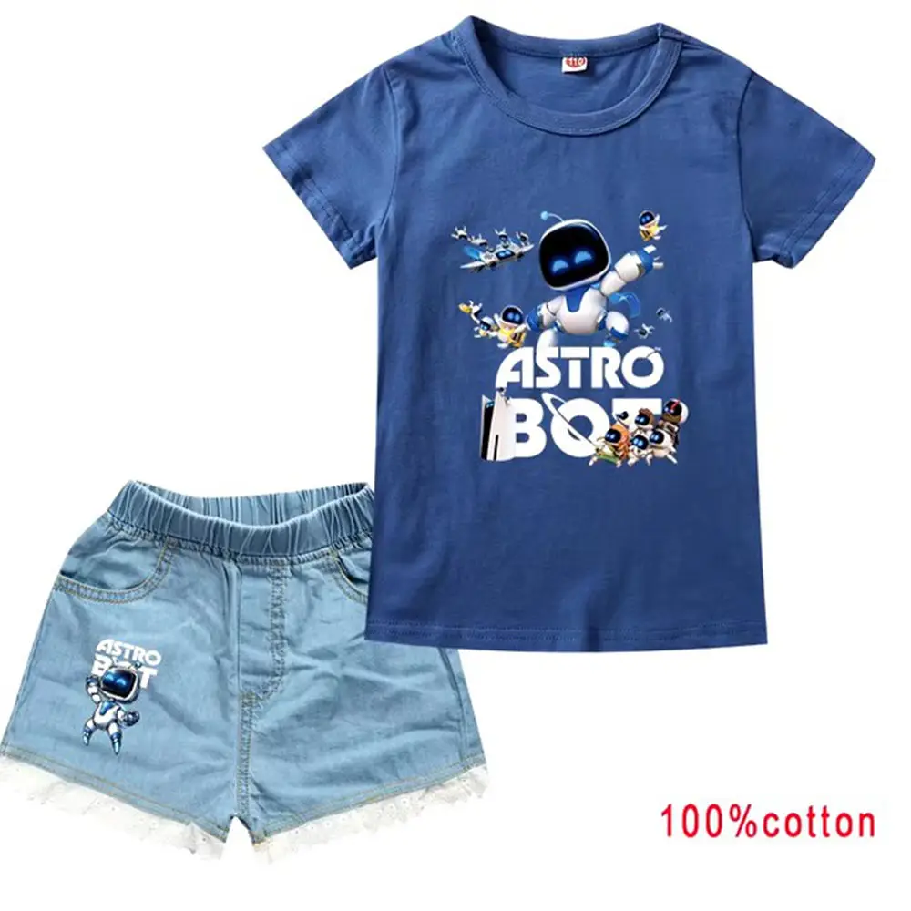 ASTROBOT Anime Astro Bot Clothes Kids Cartoon Game T Shirt Baby Girls Short Sleeve Tops Denim Shorts 2pcs Sets Children Clothing