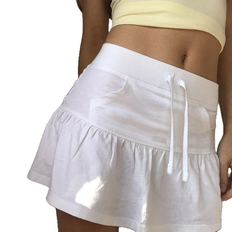 Solid White Flowy Ruffle Mini Skort Ladies Elastic Waist Drawstring Side Pockets A Line Short Skirt Summer Gym Street Outfit