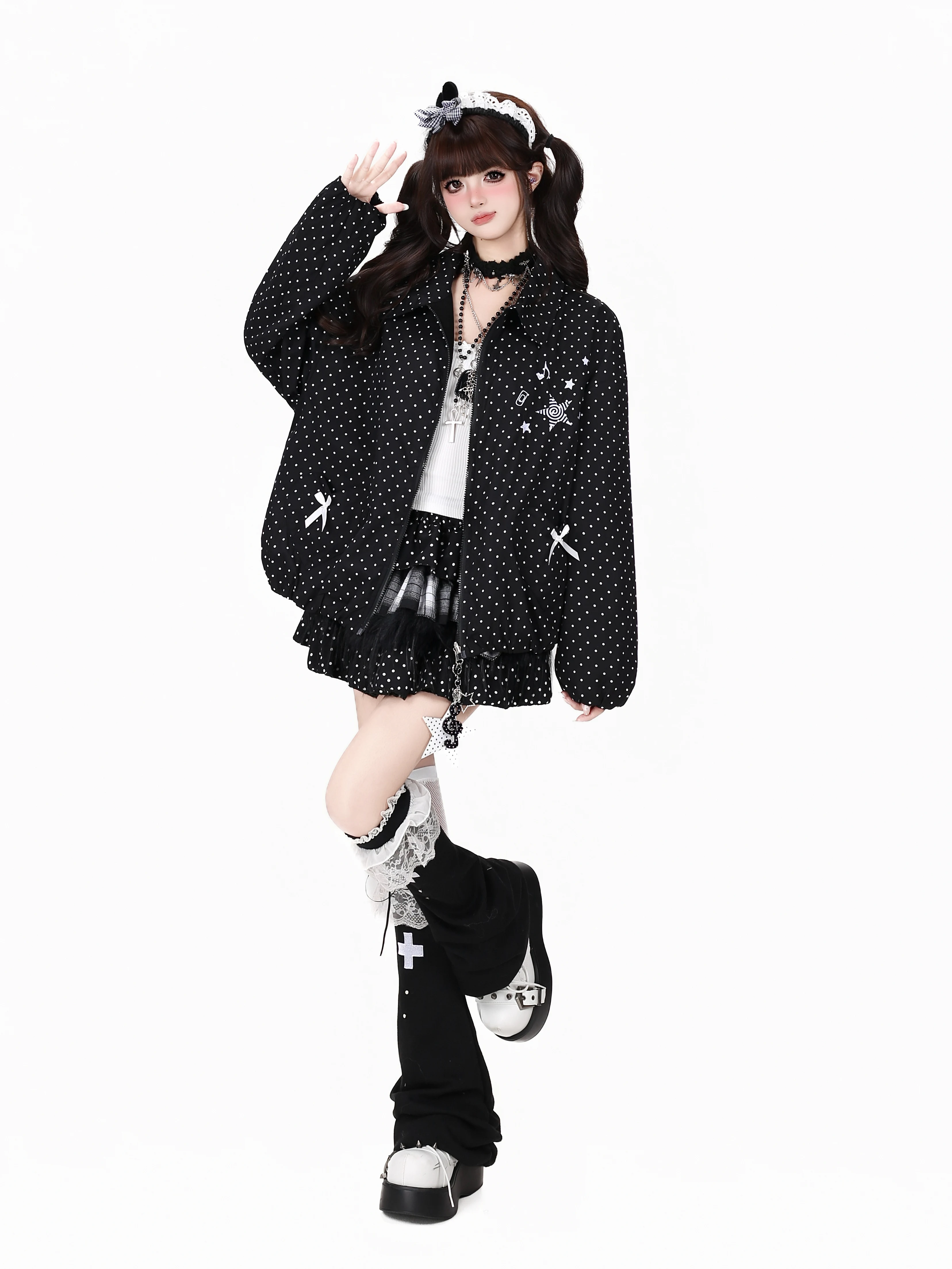 Crazygirl Sweet Cool Black White Two-Way Wear Polka Dot Collar Design Loose Casual Jacket Outerwear Autumn Winter Women