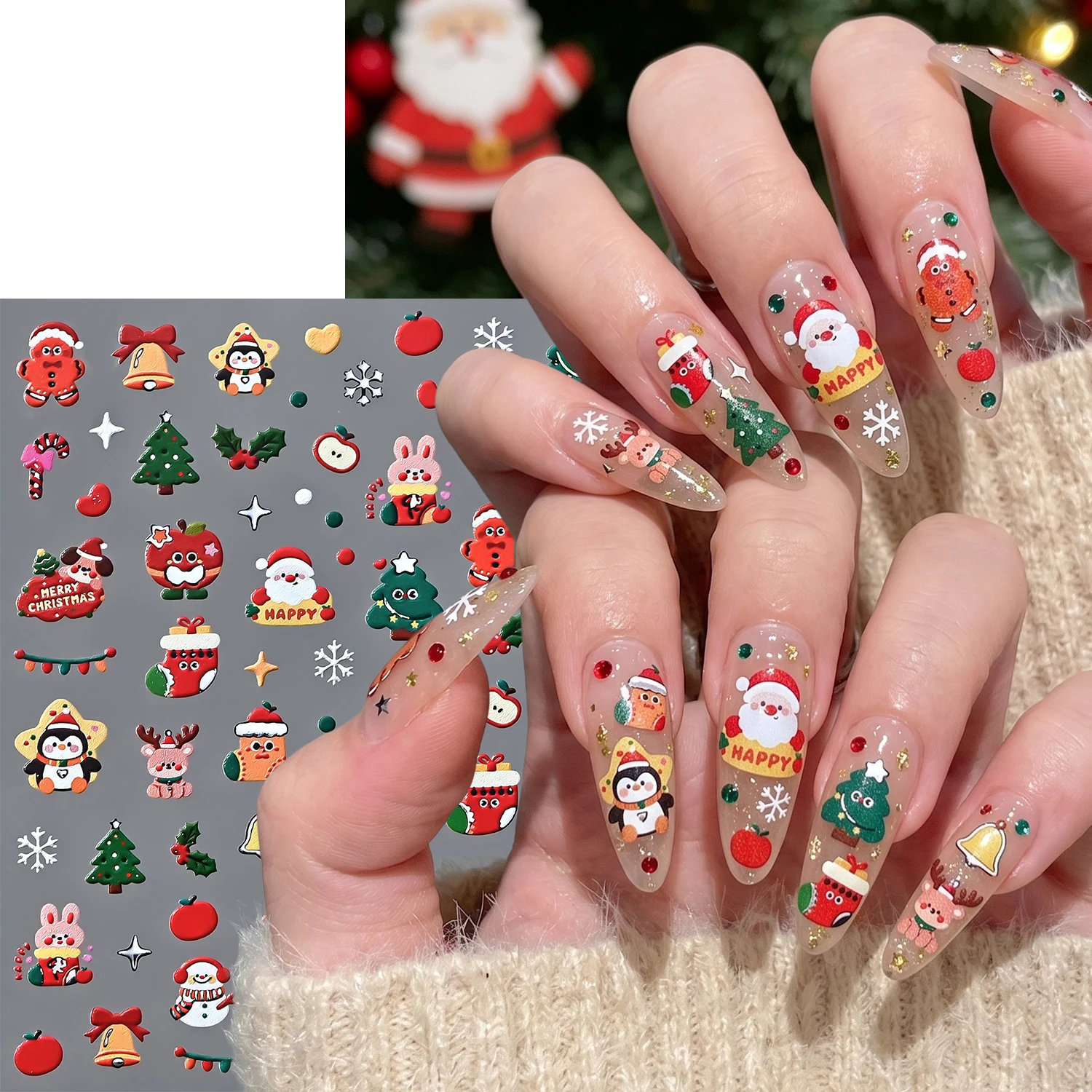 1Pcs Cute 5D Embossed Christmas Nail Stickers Santa Gingerbread Man Elk Snowman Nails Decals for Winter DIY Manicure Art Decor N