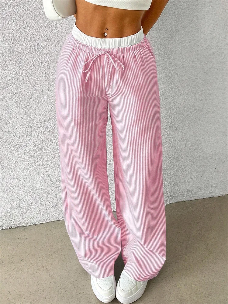 Women's Casual Striped Woven Wide Leg Pants Fall Winter 2025Casual Stylish Full Length Trousers Y2K Clothes Streetwear