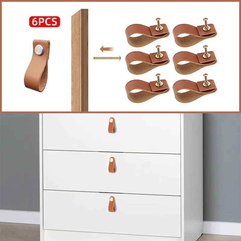 Creamily 6Pcs Leather Drawer Pulls Furniture Dresser Drawer Knob Wardrobe Door Pulls Practical Kitchen Cabinet Handle With Screw