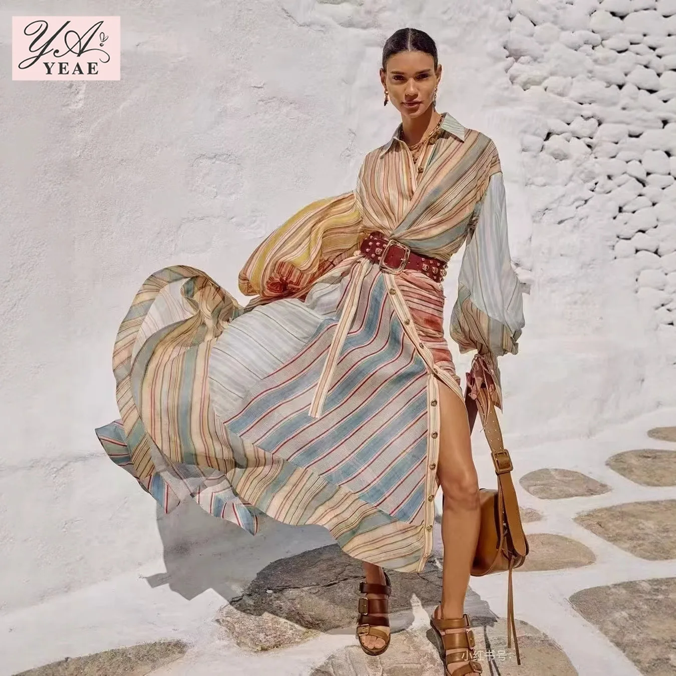

2025 Vintage Stripe Maxi - Color Block Asymmetrical Dress, Retro Fall Fashion with Flared Hem