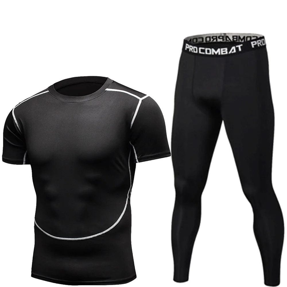 Men's printed tight fitting training and fitness sportswear set, compression tight pants, fitness gym, outdoor running sportswea