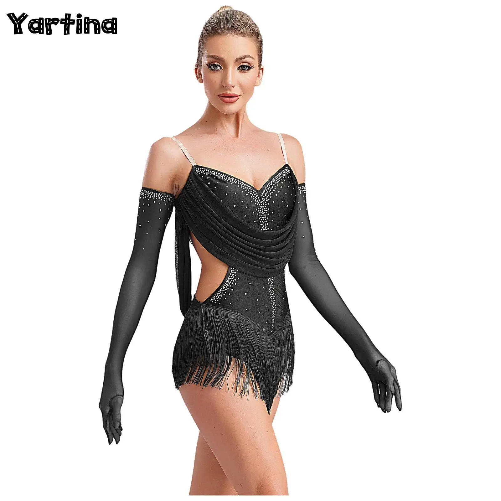 Women Glittery Rhinestone Gymnastics Figure Skating Costume Tassel Latin Tango Ballet Dance Leotard Fringed Bodysuit with Gloves