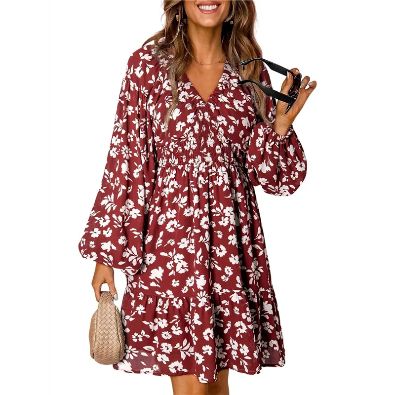 CGS-Donna Autunno Boho Floreale Scollo a V Manica lunga Smocked Elastico in vita Casual A-Line Mini abito prendisole