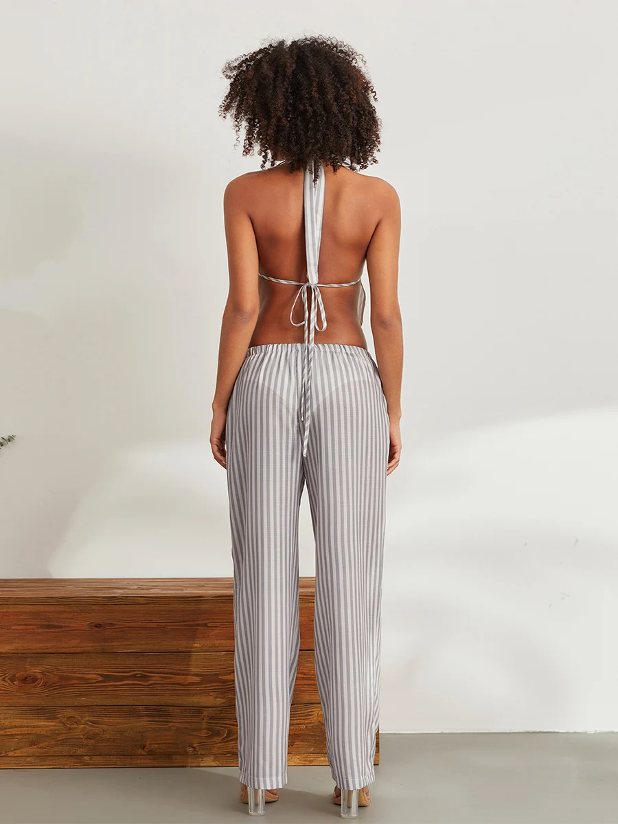 New Women Summer Pants Outfits Stripe Tie-Up Halter Neck Backless Sleeveless Tank Tops Wide-Leg Pants 2 Pieces Clothes Set S M L