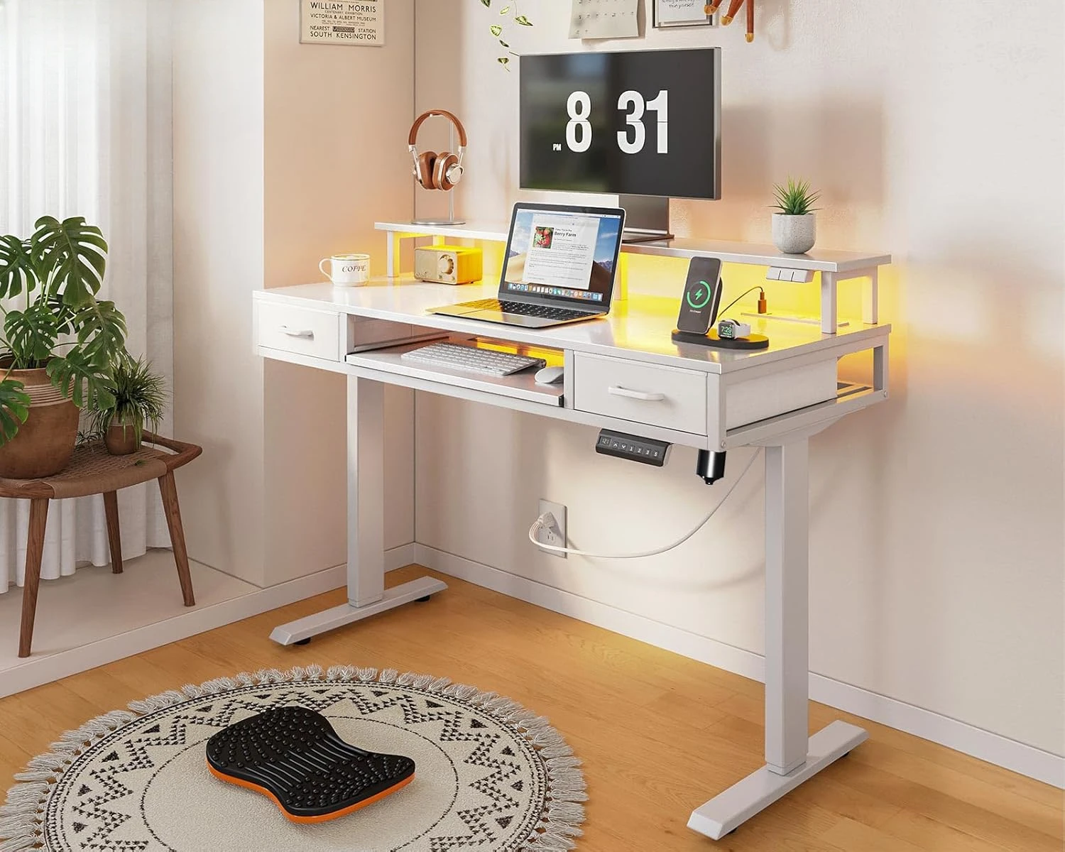 Electric standing table with drawers and keyboard tray, 47 inch high adjustable small table with power socket and LED lights