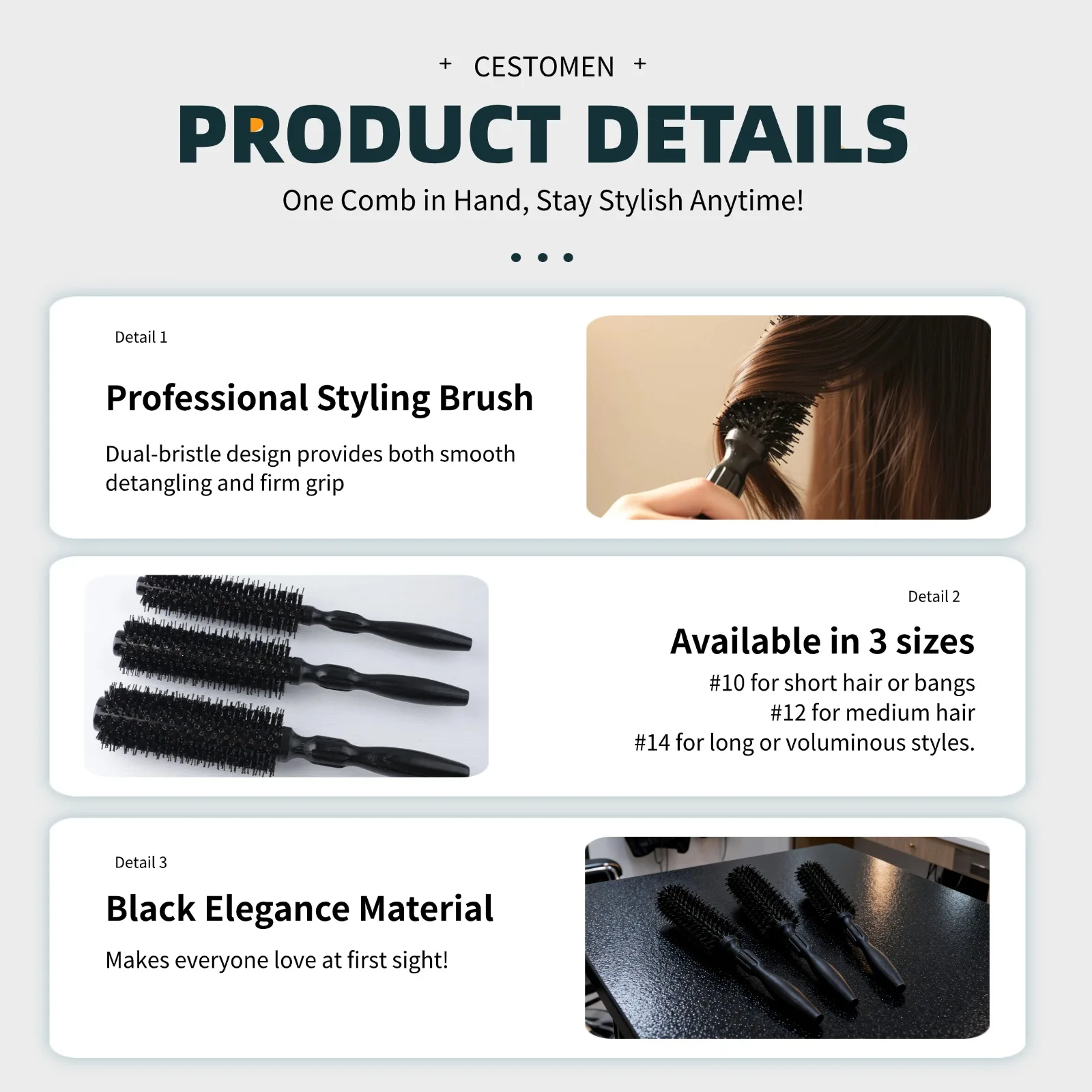 1/3Pcs Set Professional 3 Sizes Barber Salon Wood Handle Boar Bristles Round Brush Aluminum Barrel Hairdresser Hair Brush Hair R