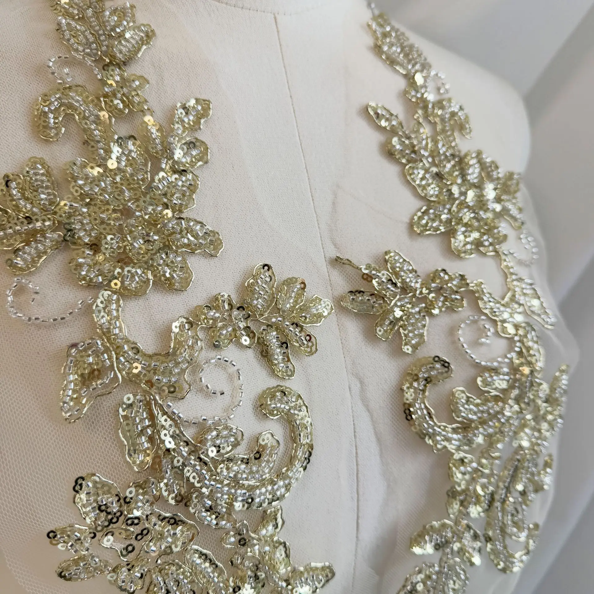Champagne Gold Sequin Floral Embroidery Trim Women's Apparel Garment Accessories Dress Decorative Patch for Clothing