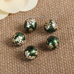 5PCs 10mm Glass Vintage Painting Japanese Tensha Beads Round Flower Imitation Pearl Beads Diy Bracelet Jewelry Making Findings