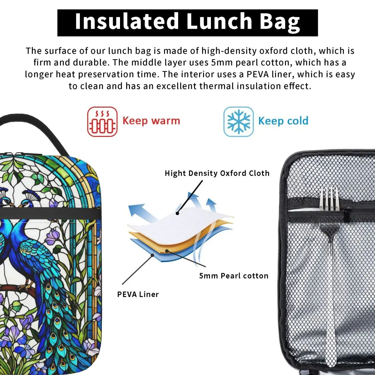 Stained Glass Peacock Insulated Lunch Bag for Women Kids Portable Food Boxes Thermal Lunch Box Tote