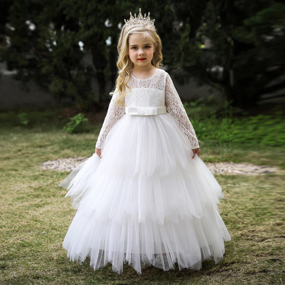 Lace Long Sleeve White Bridesmaid Dress For Girls Kids Princess Evening Dresses Children Girl Wedding Party Costume Clothes