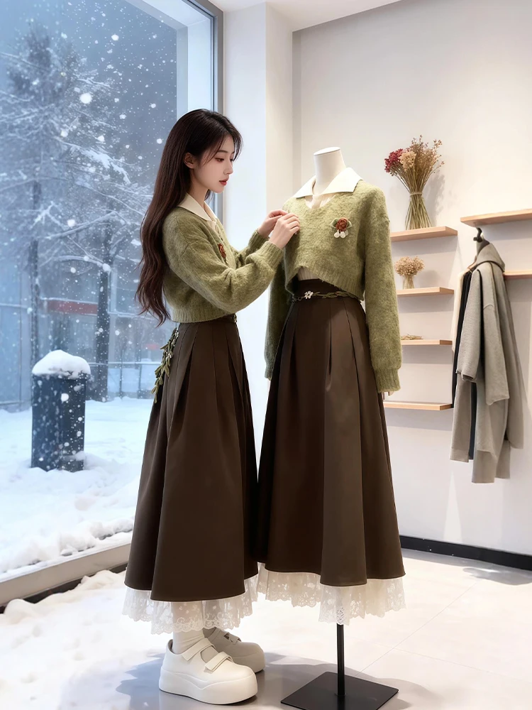 

een Sweater Vest And Skirt Set plus Size Artistic Sle Winter Faion Tee Piece Suit Warm Polyester Casual Wear for Women