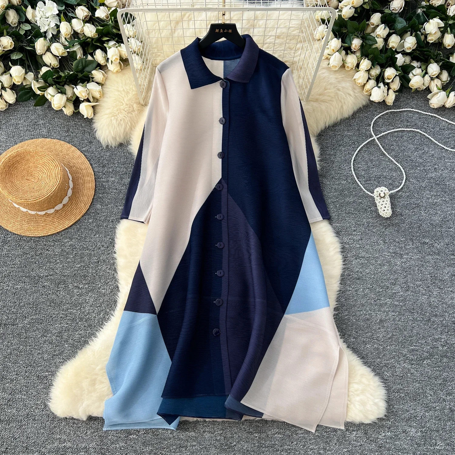 Chic Turn-down Collar Vintage Long Sleeve Elegant Print Single Breasted Loose A-line Dresses Korean High Street Autumn Clothing