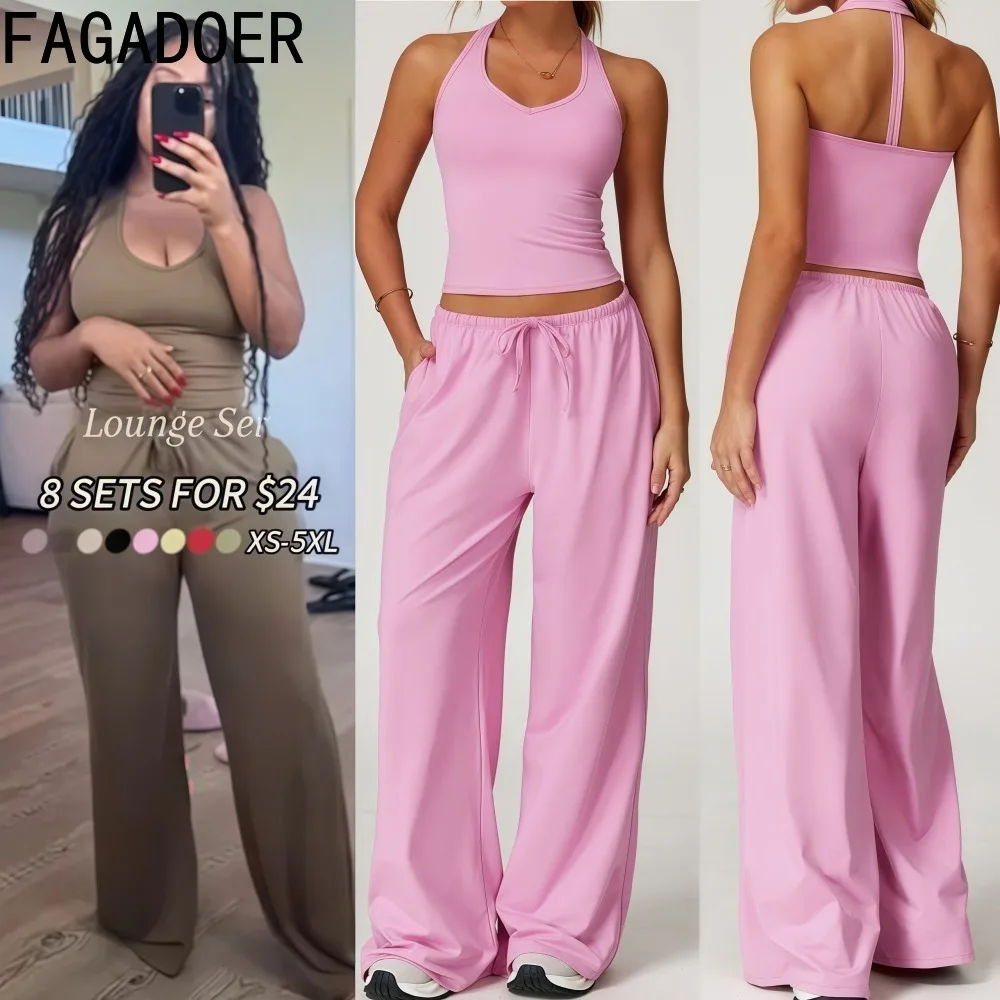

FAGADOER Casual 2 Pieces Set for Woman Outfit Solid Color Long Sleeves Crop Top + Pants Matching Female Streetwear Clothing New