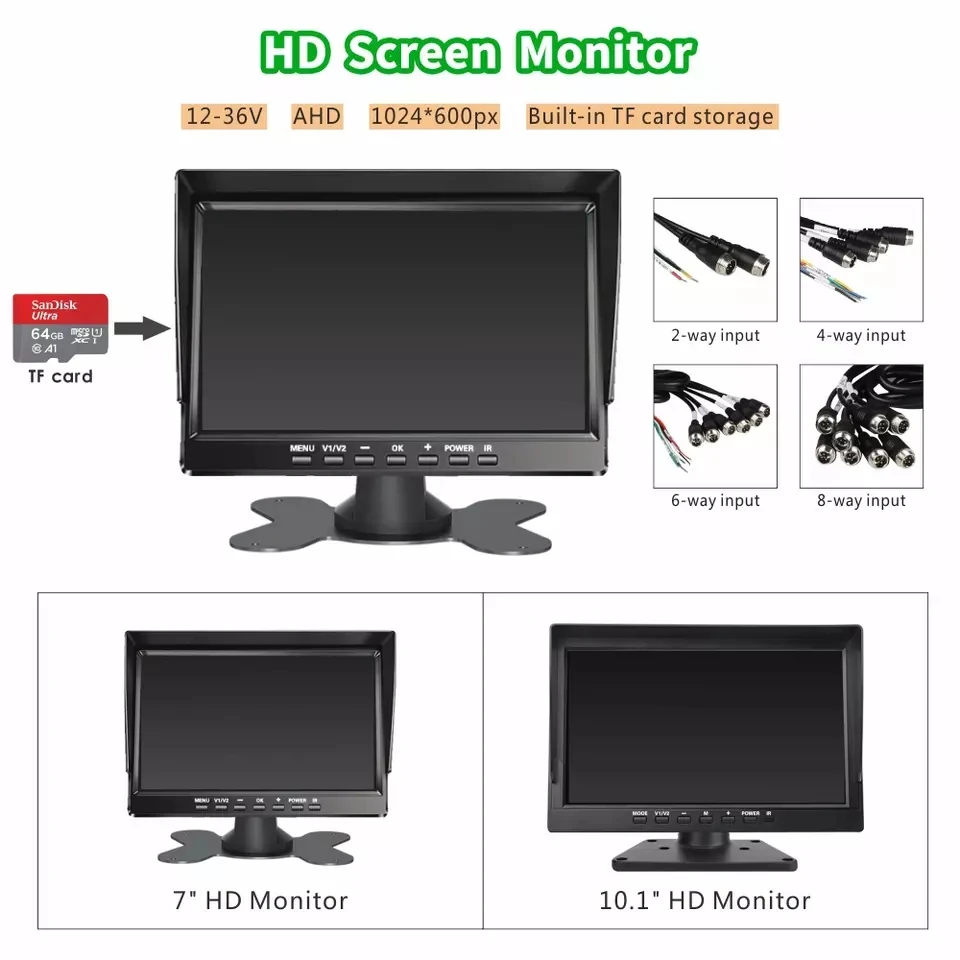 Car Monitor 7 Inch AHD Display 4 Cameras With Dash Cam Function BSD function Truck Rear View Camera Reversing Parking System