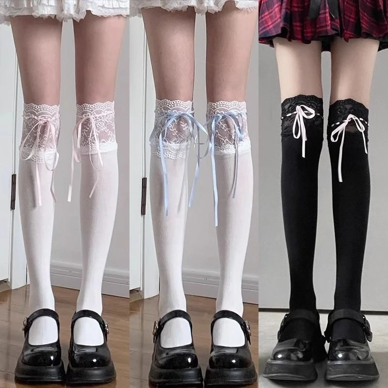 

Girl Middle Tube Socks Knit Lace Bowknot Lolita Summer Short Skirt Socks Women White Black Cute Knee Socks