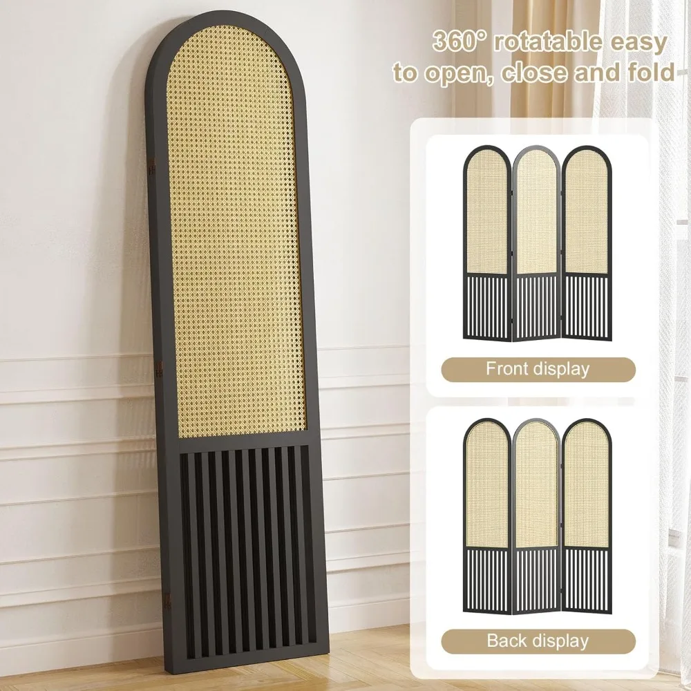 مقسم غرفة الروطان طويل القامة قابل للطي مع إطار خشبي - شاشة خصوصية منسوجة يدويًا للمنزل، قسم قائم بذاته #5