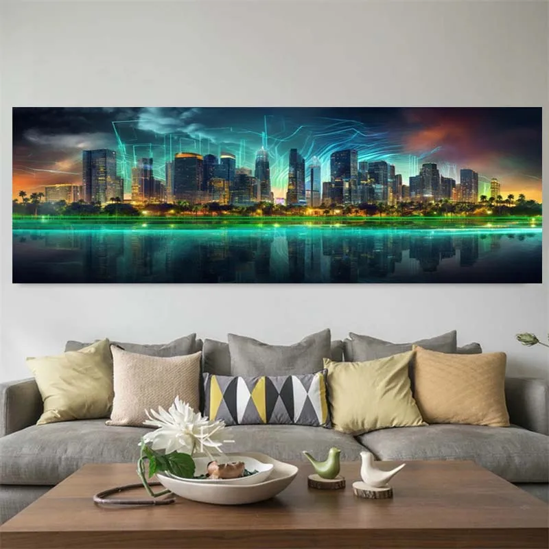 Modern City Landscape Glowing Skyscraper Wall Art, Picture Poster, Living Room Decoration,Home Decor,Bedroom,Canvas Painting