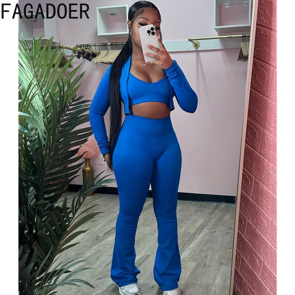 FAGADOER Fashion Solid Color Sporty Flare Pants Women Vest + Long Sleeve Crop Coats + Skinny Pants 3 Piece Sets Female Outfits