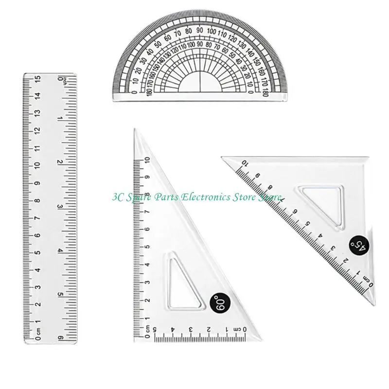 SZ 4 Pcs Geometry Math Set 15cm Ruler Set Plastic Protractor Rulers Triangle Ruler