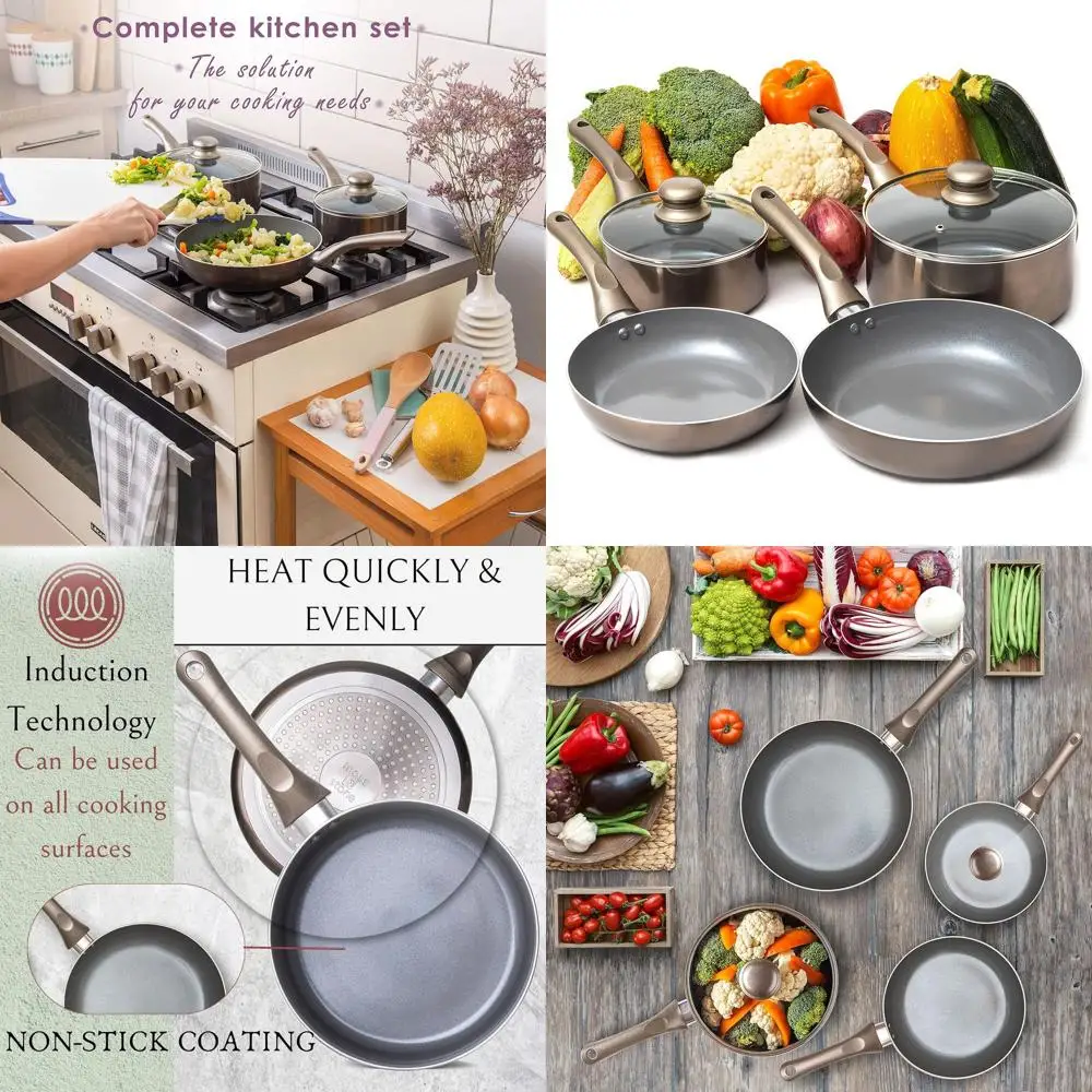 

Набор из 6 предметов серой посуды с антипригарным покрытием и стеклянными крышками, совместимый с индукционными плитами, с охлаждающими ручками