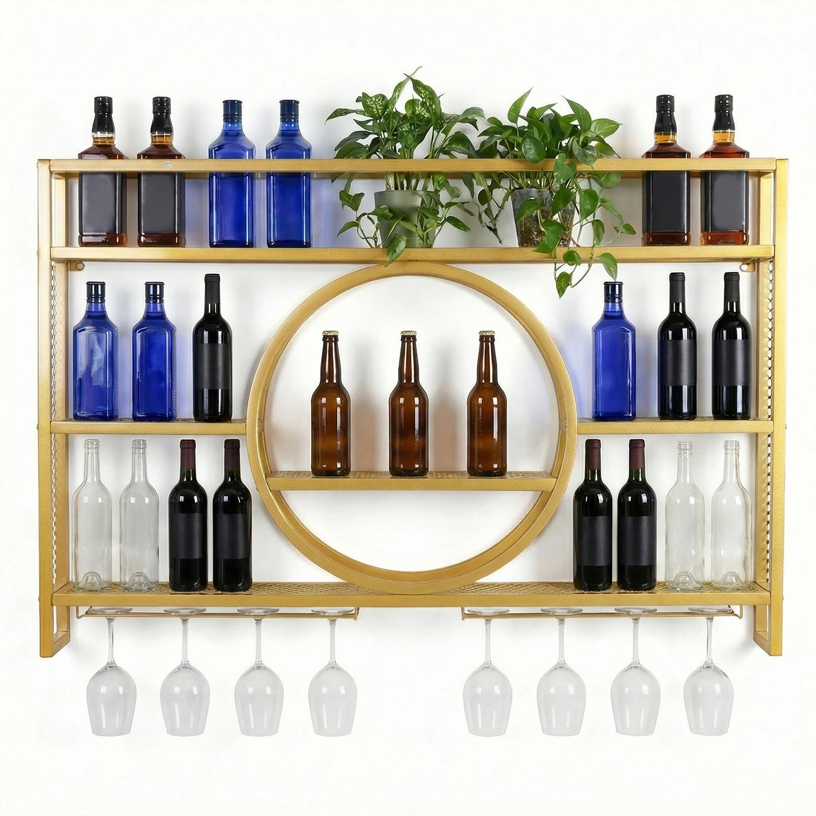 Estante Flotante para Copas de Vino, Estante Metálico para Botellas de Vino Montado en la Pared de 3 Niveles con Luz LED y Soporte para Copas de Vino para Bodega Doméstica