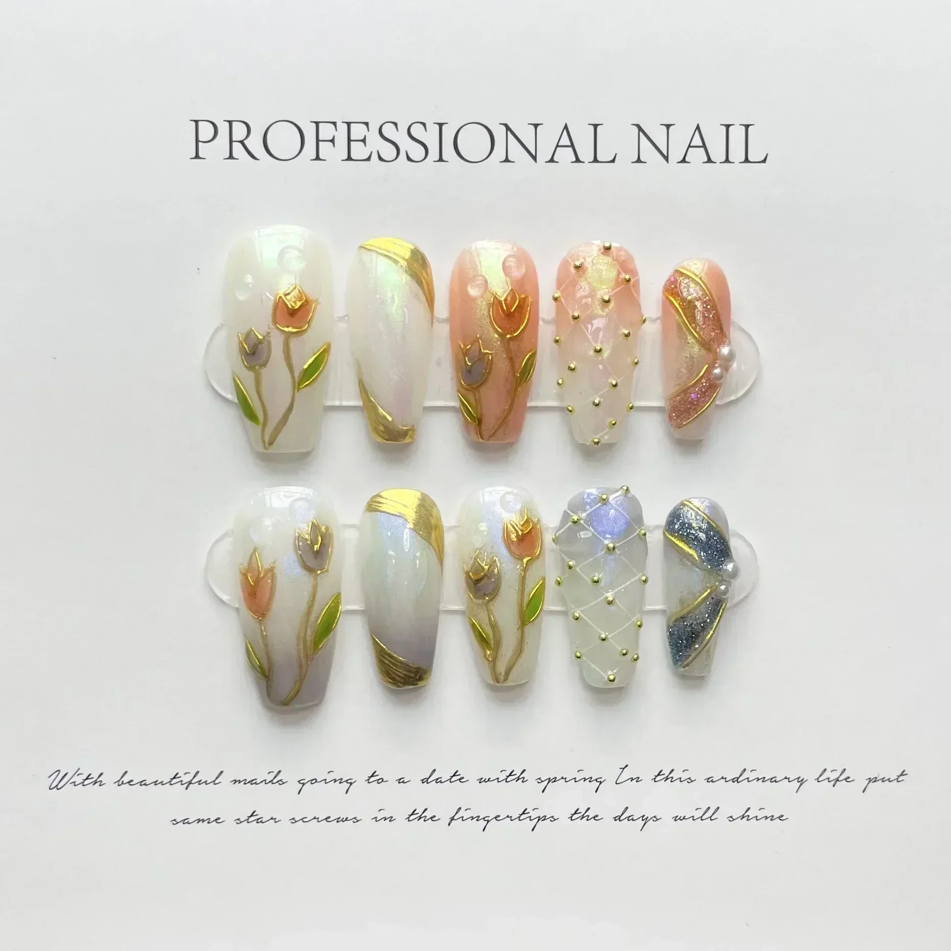 10Pcs Tulips Handmade False Press On Nails French with Rhinestones Full Cover Ballerina Fake Nails Wearable Decoration Nail Tips