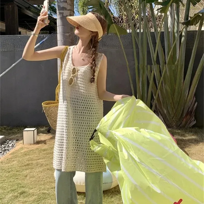 Spring Summer Knitted Vest Dress Women's Mid-Length Pure Color Design Sensation Hollow out Layering Dress Sleeveless Gown - Image 6