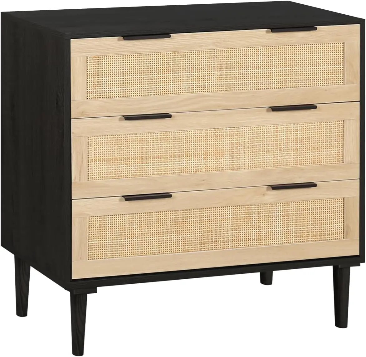 3 Drawer, Rattan Dresser Modern Closet Dressers Chest of Drawers, Wood Black Storage Chest for Kids, Hallway, Living Roo