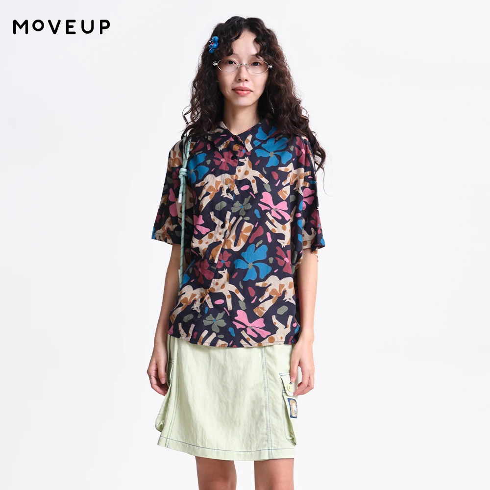 

Женская блузка MOVEUP с принтом, весна 2026, новая офисная модель, 100% хлопок, с отложным воротником, рукава-фонарики, свободная укороченная рубашка 3ELC20430