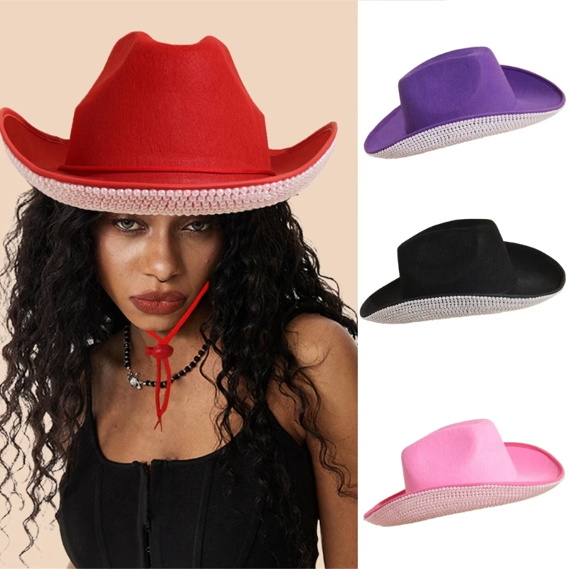 

Fashion Beads Studded Cowgirl Hat with Adjustable Chin Rope Women Casual Felt Wide Rolled Brim Cowboy Hat for Party Daily Wear