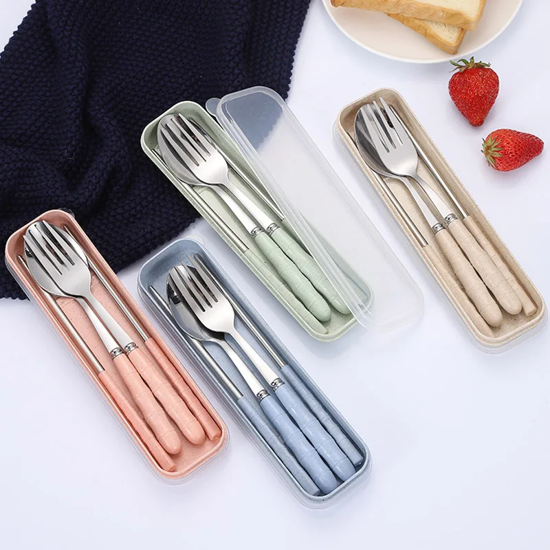 

3pcs/set Tableware Set Stainless Steel Chopsticks Fork Spoon Set Travel Flatware With Box Lunch Tableware Kitchen Accessories