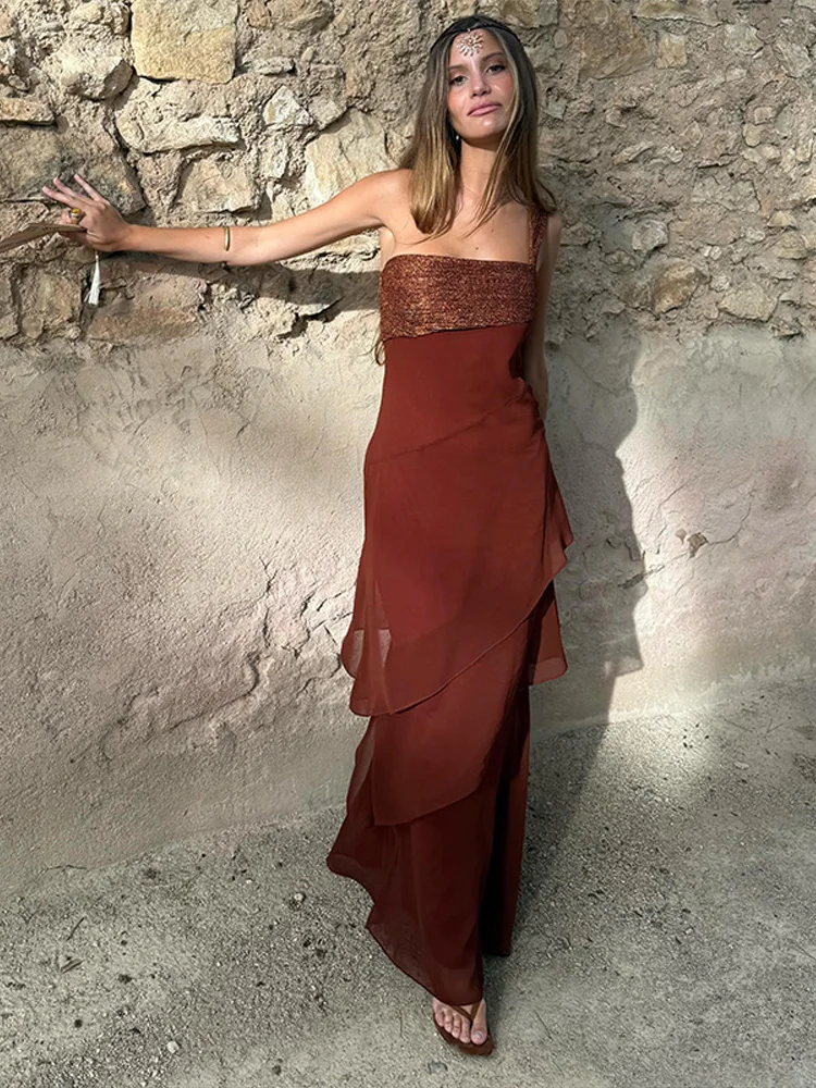 Damen Patchwork Trägerloses Maxikleid Ärmellos mit Rüschensaum und Schal Schnürkleider 2026 Sommer Elegantes Abendkleid für Damen – Detail 37