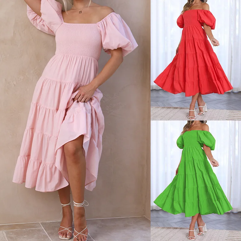 

Summer New Women's Fashion Loose One-word Neck Bubble Sleeve Medium And Long Dress