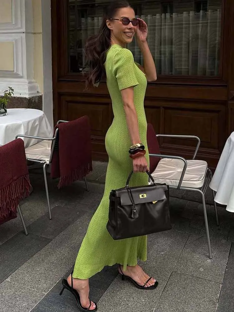 MCDV Elegante Gebreide Lace-Up Jurk Vrouwen Sexy Solid Hollow Out Korte Mouw Bodycon Hoge Taille Party Vakantie lange Jurk 2025