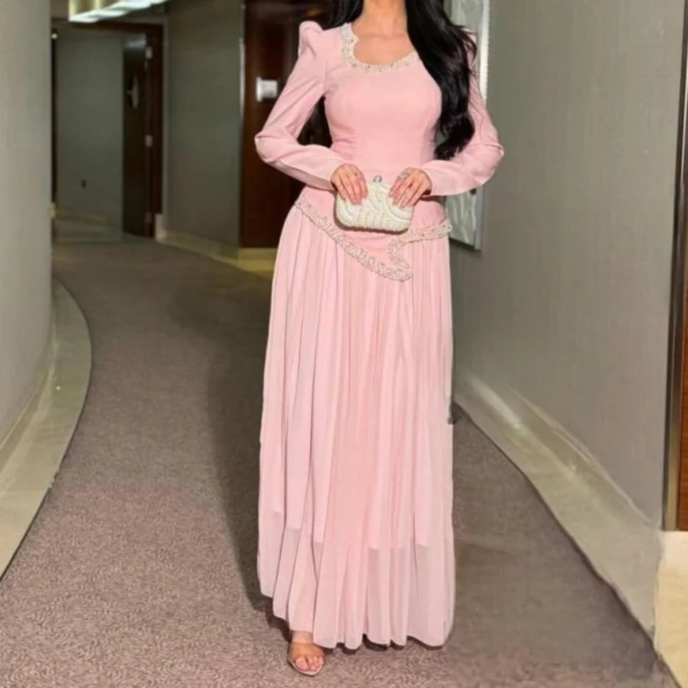 

Women's A-line Evening Dresses Ankle-length Scoop-neck Full Sleeve Prom Gown Fashion Beading Simple Draped Customized Gowns