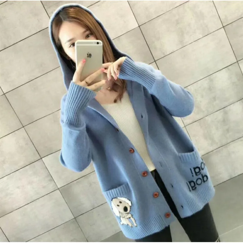 

Autumn and Winter Hooded Sweater Female Korean Version Lady Quality Women's Cotton Cardigan Thick Loose Sweater Coat