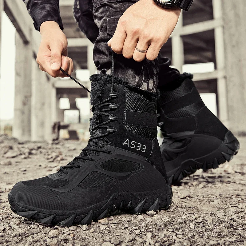 Botas de nieve cálidas de felpa para hombre, botines tácticos para exteriores, botas de moto informales a la moda, talla grande, invierno, nuevo