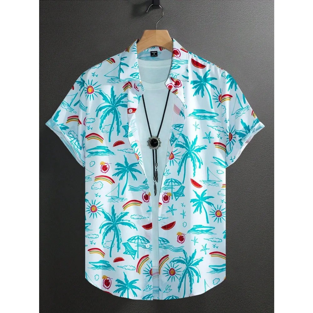 Lightweight Vacation Short Sleeve Shirt Multi-scene Casual Wear, Minimalist Sketch Coconut Tree Watermelon Art Print