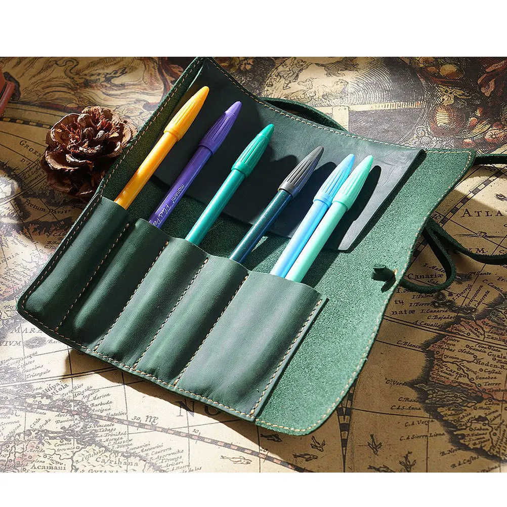 

Vintage Roll Pen Pouch Holder for Fountain Ballpoint Pens Olive Genuine Cowhide Case Organizer Portable