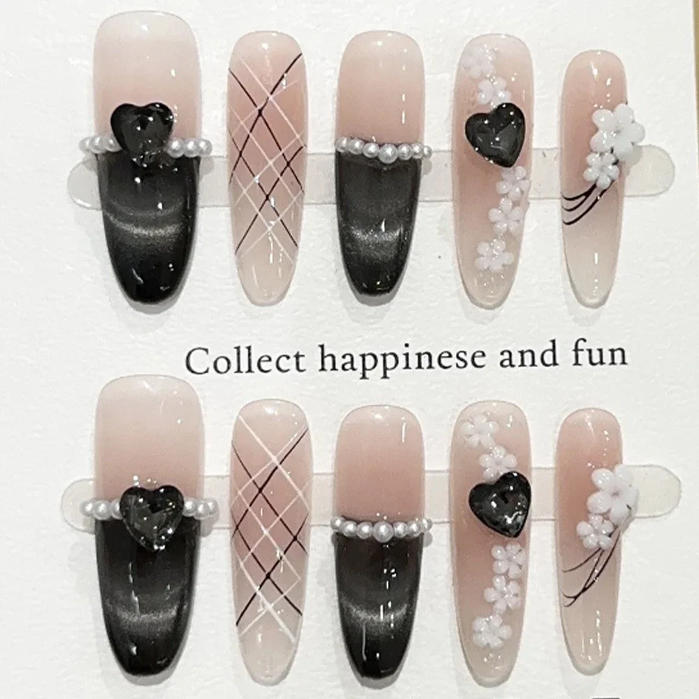 달콤하고 사랑스러운 만화 곰 롱 코핀 스틸레토 가짜 손톱 리본 진주 다이아몬드 꽃 고양이 눈 착용 가능한 가짜 손톱