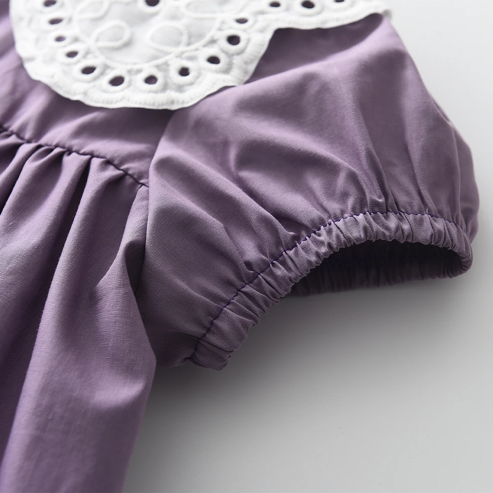 Korea Casual Lace Lapel Kids Clothes Single Breasted Dress Summer Purple Fashion Girls Princess Dresses Children\'s Clothing