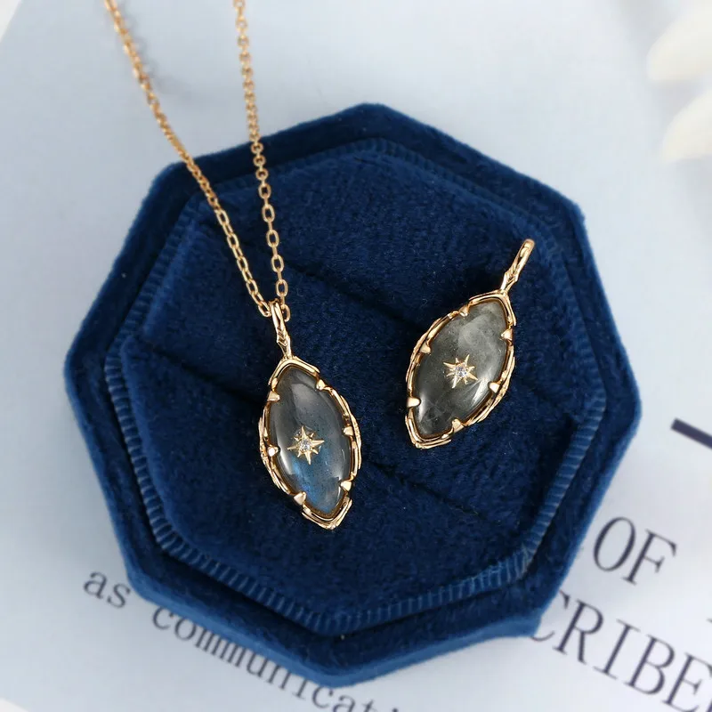 LAMOON Retro Style Bijou Pendant Necklace For Women Natural Dark Grey Labradorite 925 Sterling Silver Gold Vermeil Fine Jewelry