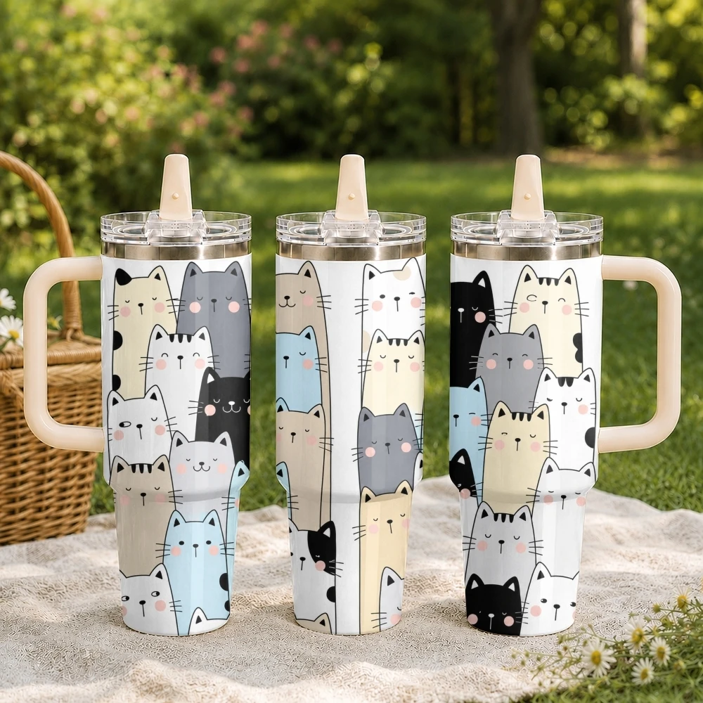 Comic Cat Vacuum Flasks 40oz Stainless Steel Tumbler with Handle Straw Lid Vacuum Insulated Double Wall Leak Proof