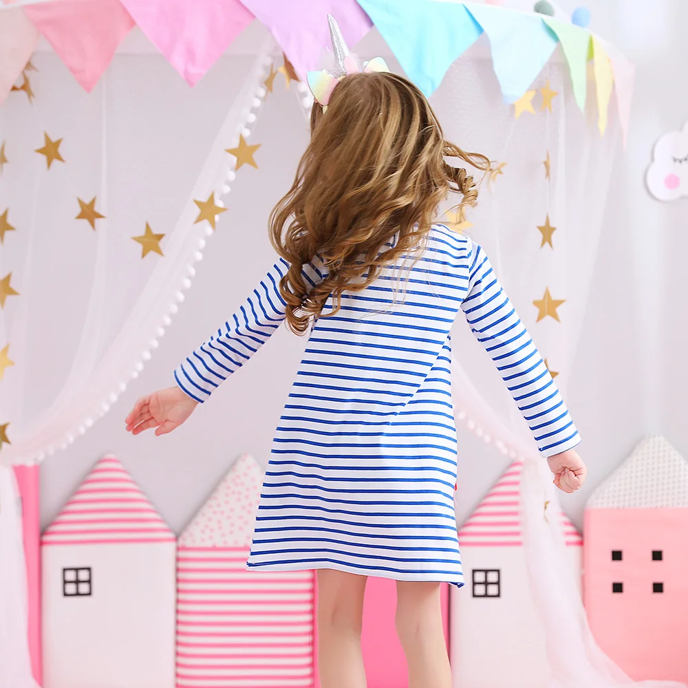 VIKITA Kids Flamingo Cartoon Appliqued Dress Girls Striped O Neck Long Sleeve Autumn Spring Straight Dresses Children Clothing