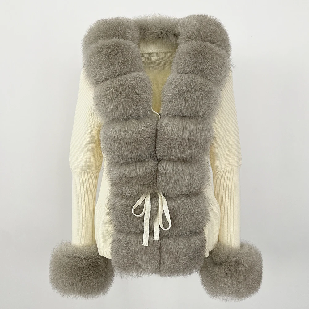 Bandage Fur Cardigan Detachable Collar Jacket Fur Coat Luxury Patchwork Knitted Sweater New Autumn-winter Women's Fur Coat