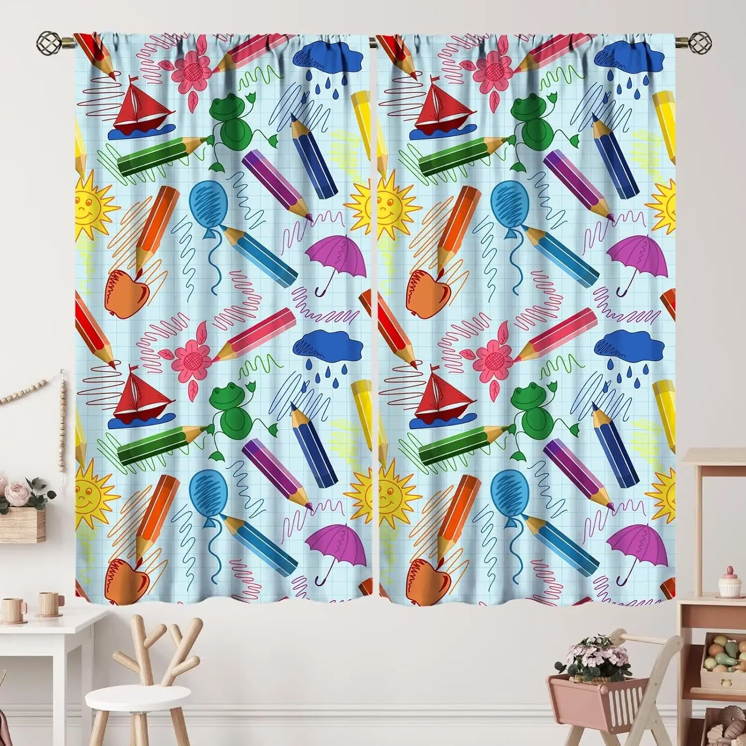 Kids Cartoon Pencil Curtains Colorful Nursery Bedroom Decor Cute Crayon Blackout Rod Pocket Curtain for Child Girls  2 Panel