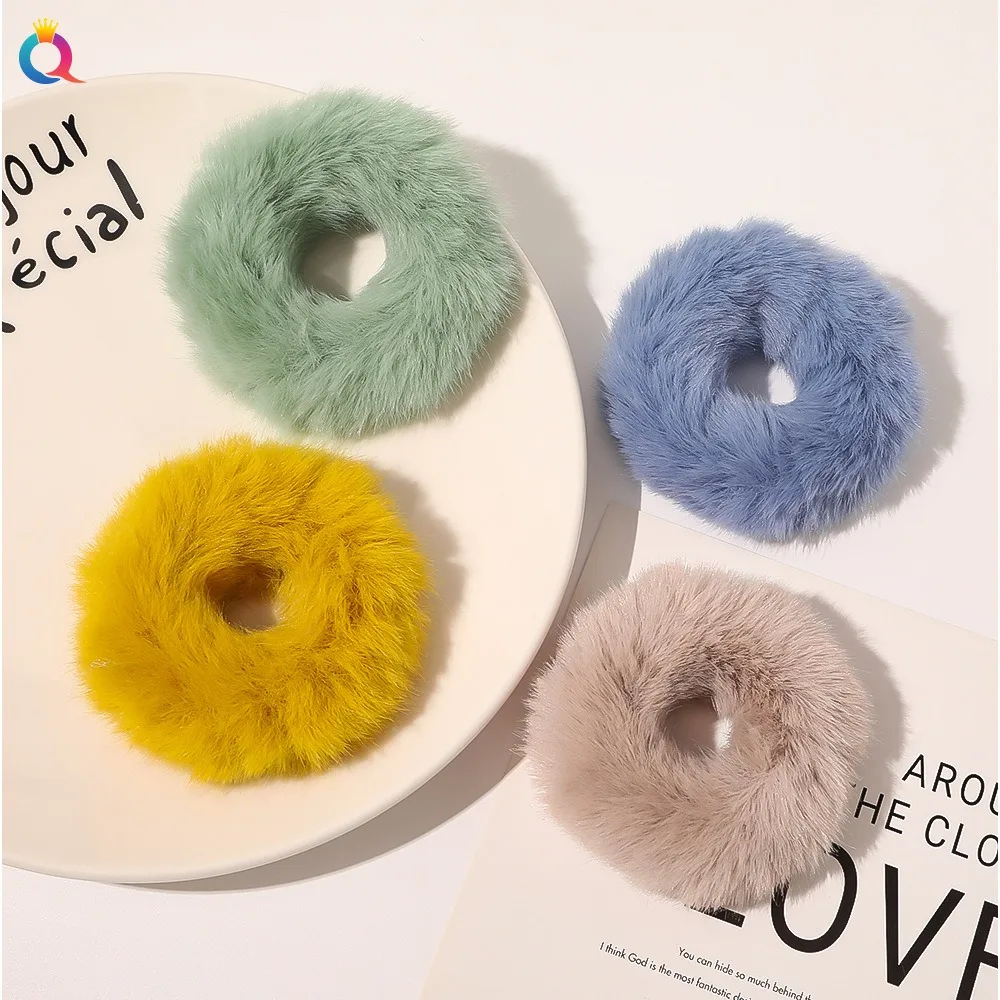 Autumn Soft Hair Tie Women Plush Hair Rope Candy Color Rabbit Fur Hair Scrunchies Pink Yellow Ponytail Hair Band